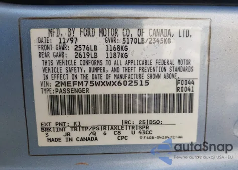 1998 Mercury Grand Marquis z USA, uszkodzony, nr VIN 2MEFM75WXWX602515